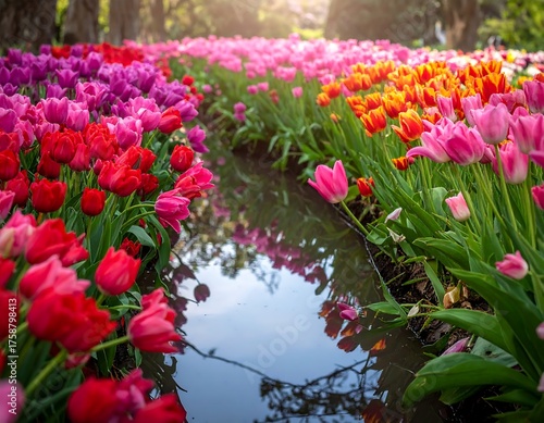 Rows of colorful tulips lining a water channel in a serene garden