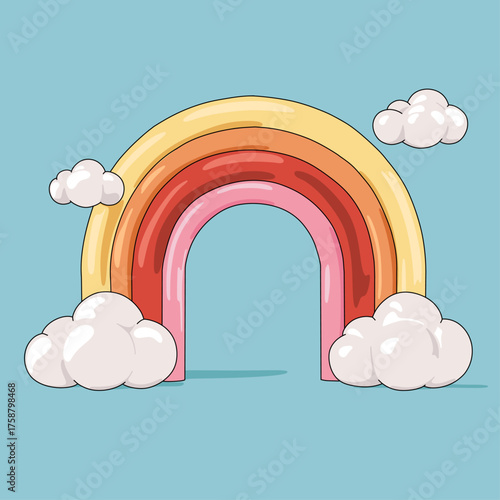 Illustration of Rainbow with Fluffy Clouds icon. Vector 3d Arch Isolated on Sky Color Background. Cute Cartoon for Summer Spring Season