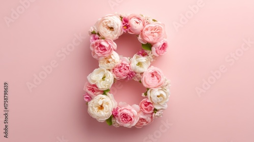 A lovely arrangement of blooming flowers forms the shape of the number eight, sitting gently on a soft pastel background. This artistic design brings joy and beauty, perfect for events