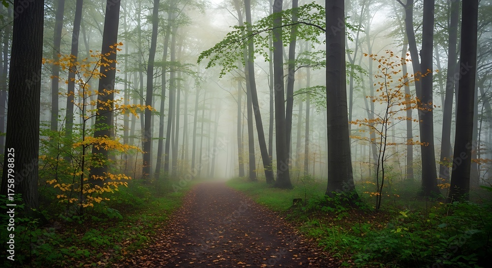 Fototapeta premium A misty autumnal forest path winds through tall trees, bathed in muted light.