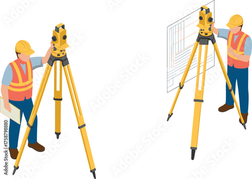 Civil engineers working with theodolite and blueprints, construction site planning and land surveying teamwork in architecture and engineering project