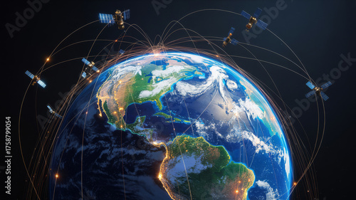 Global satellite network orbiting planet earth, connecting continents satellite