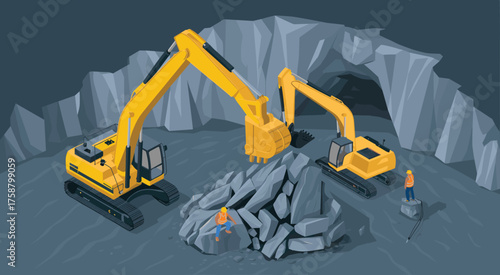 Heavy construction excavators working inside rock mining tunnel, industrial machinery digging large stone quarry with workers in safety uniforms