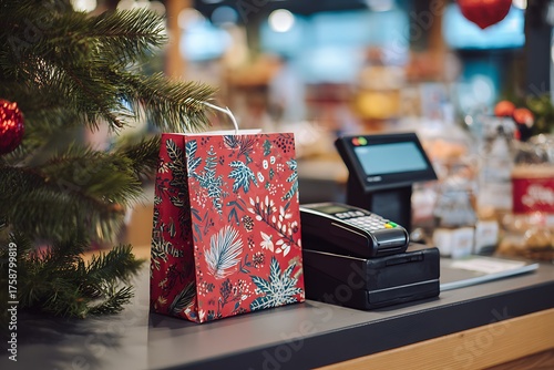 Christmas shopping at the store with a gift bag on the checkout counter