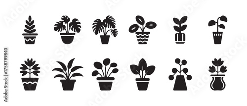 Gardening vector icon, plant pot icon glyph vector, house plant Silhouettes Set, vector illustration EPS 10.