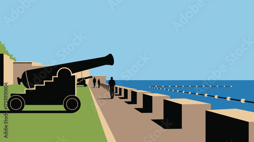 Cannon silhouettes on a coastal promenade with people walking against a blue sky and ocean view