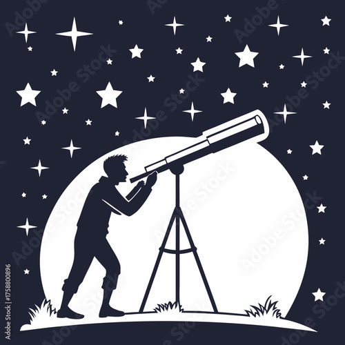 Man Looking Through Telescope Silhouette Vector – Astronomy and Exploration Art