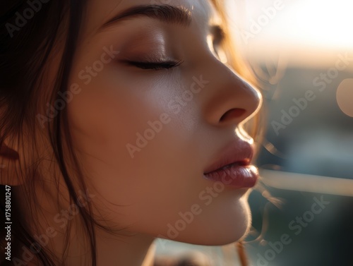 A woman with closed eyes an...