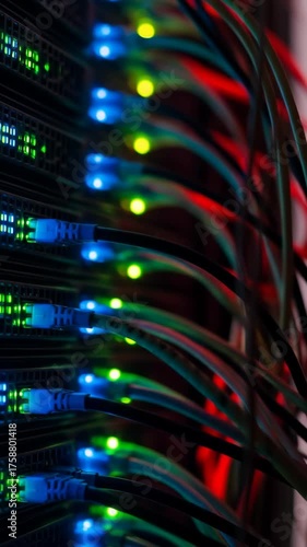 Close-up of data center servers with connected cables and lights.