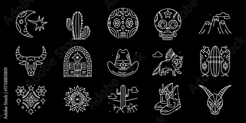 Collection of stylized white line art icons representing western and mexican culture on a black background