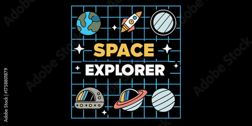 Retro space explorer design featuring planets rocket and astronaut helmet on grid background