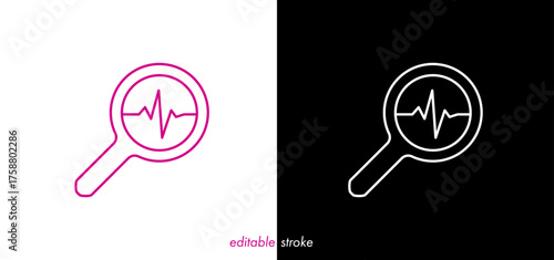 Zoom magnifier editable stroke heart diagram with cardiogram set, heartbeat line vector design to use for healthcare, healthy lifestyle, medical laboratory, cardiology project.