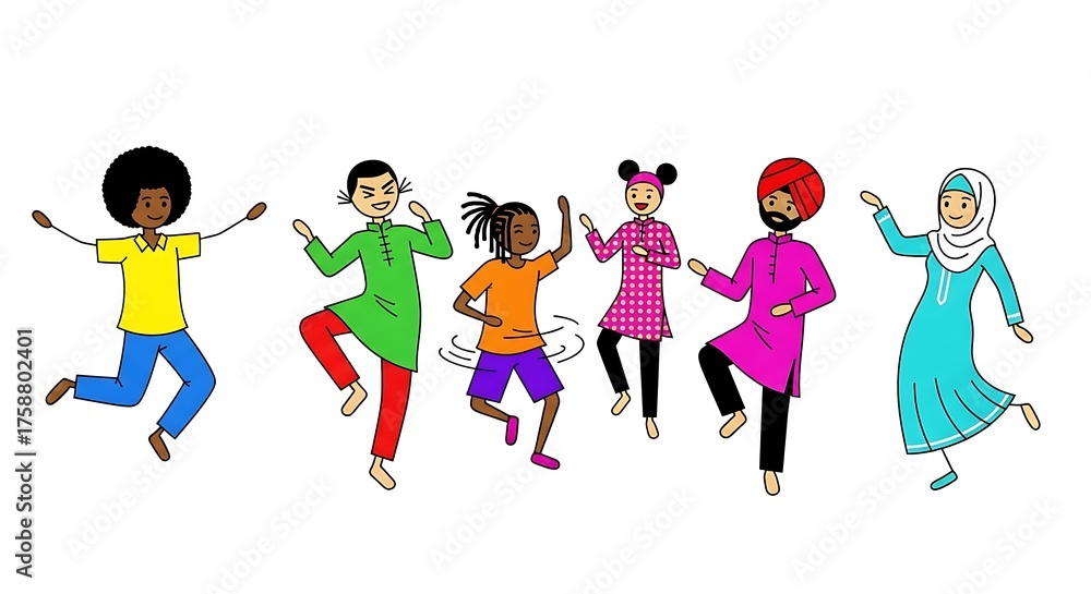 Fototapeta premium Diverse group of people celebrating and dancing together in unity vector