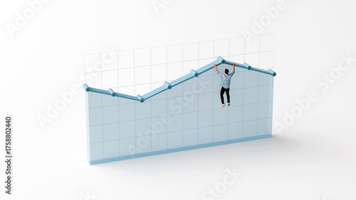 Man hanging from volatile line graph, market volatility financial risk investment uncertainty and economic instability concept, 3d render