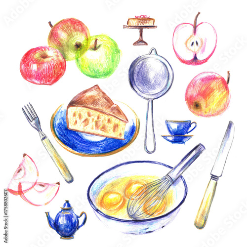 Hand drawn traditional apple pie recipe with kitchen utensils and ingredients sketches. Apples, eggs, whisk, knife, fork, sieve, cake piece, teapot, cup.