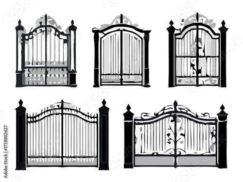 Collection of ornate wrought iron gates and fences in black and white