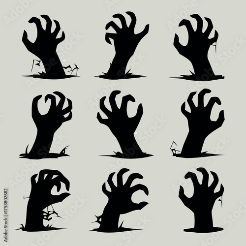 Collection of black silhouette zombie hands emerging from the ground