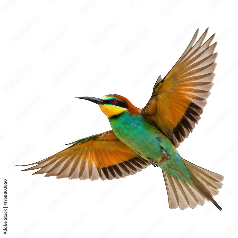 Fototapeta premium Colorful bird in flight against a black background.