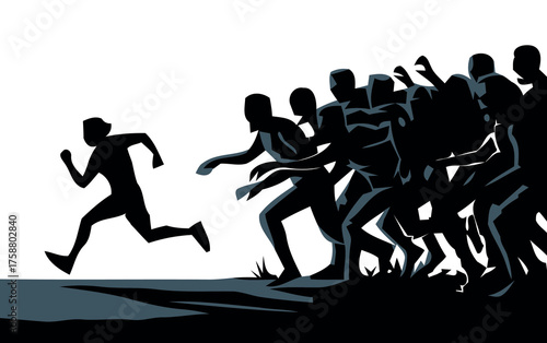 Silhouette of a runner leading a crowd of people