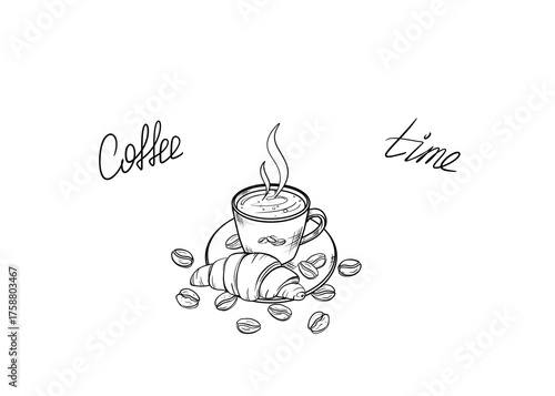 Wallpaper Mural Line drawing of a cup of hot coffee, a croissant, and coffee beans on a white background with the inscription "Coffee Time." Concept of breakfast, break, and cafe. Torontodigital.ca