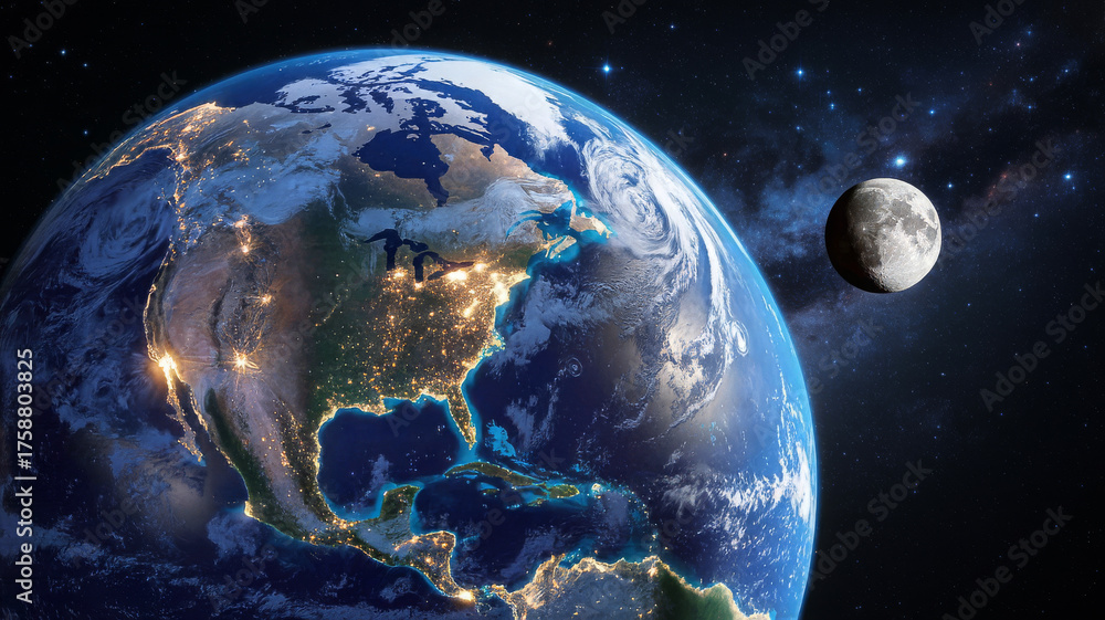 Obraz premium View of earth from space with the moon in the background satellite