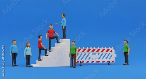 Visualizing the journey of professional growth 3D characters illustrate career progression, overcoming obstacles, and achieving success through leadership and teamwork