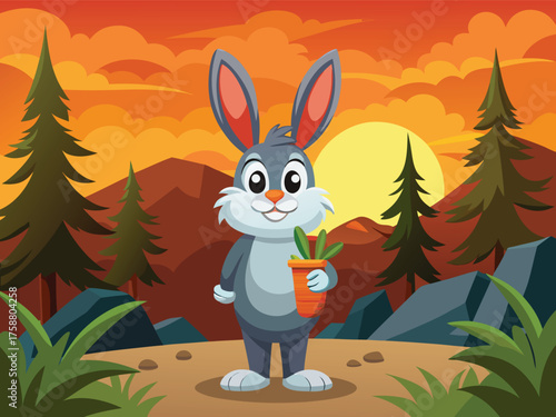 A Whimsical Bunny Holds A Potted Plant Amidst A Stylized Sunset Forest Scene