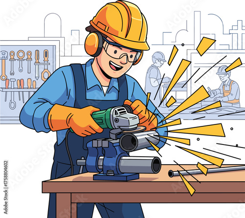 Industrial Worker Grinding Metal Pipes with Power Tool and Safety Gear VectorIndustrial Worker Grinding Metal Pipes with Power Tool and Safety Gear Vector