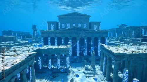 Underwater ancient city ruins submerged building architecture concept
