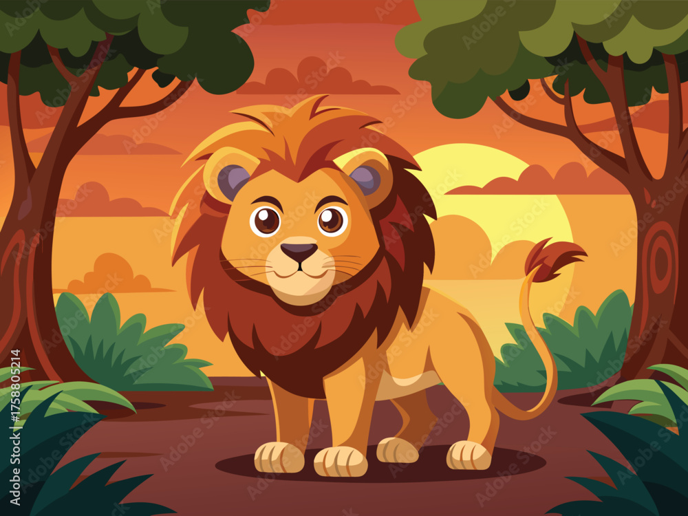 Fototapeta premium Cartoon Lion Standing In A Forest Clearing During A Vibrant Sunset Scene