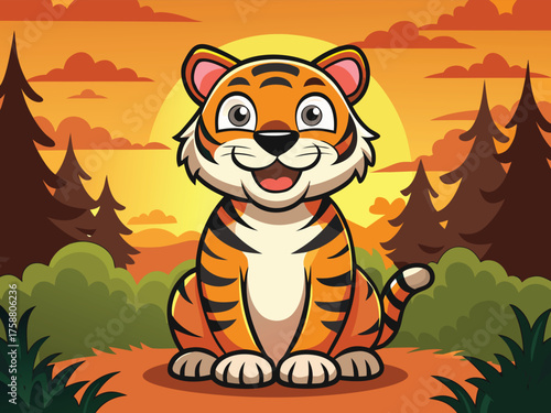 A Cartoon Tiger Sits In A Forest At Sunset Rendered In A Simple Bold Style