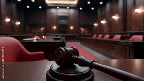 Solemn gavel on judge bench in modern courtroom, powerful symbol of law, justice, and legal court system