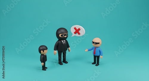 Conceptual 3D render of a tense encounter between masked individuals, featuring a refusal or denial of illicit activities, highlighting themes of crime, security, and dispute