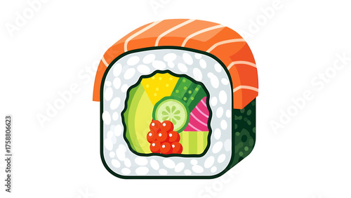 Sushi roll vector illustration with salmon avocado and cucumber isolated on white background for restaurant menus and food blogs