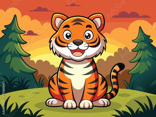 An Adorable Tiger Cub Sits Happily In A Cartoon Forest At Sunset Smiling
