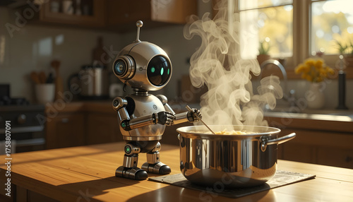 Domestic AI Robot Cooking and Stirring Food in a Home Kitchen