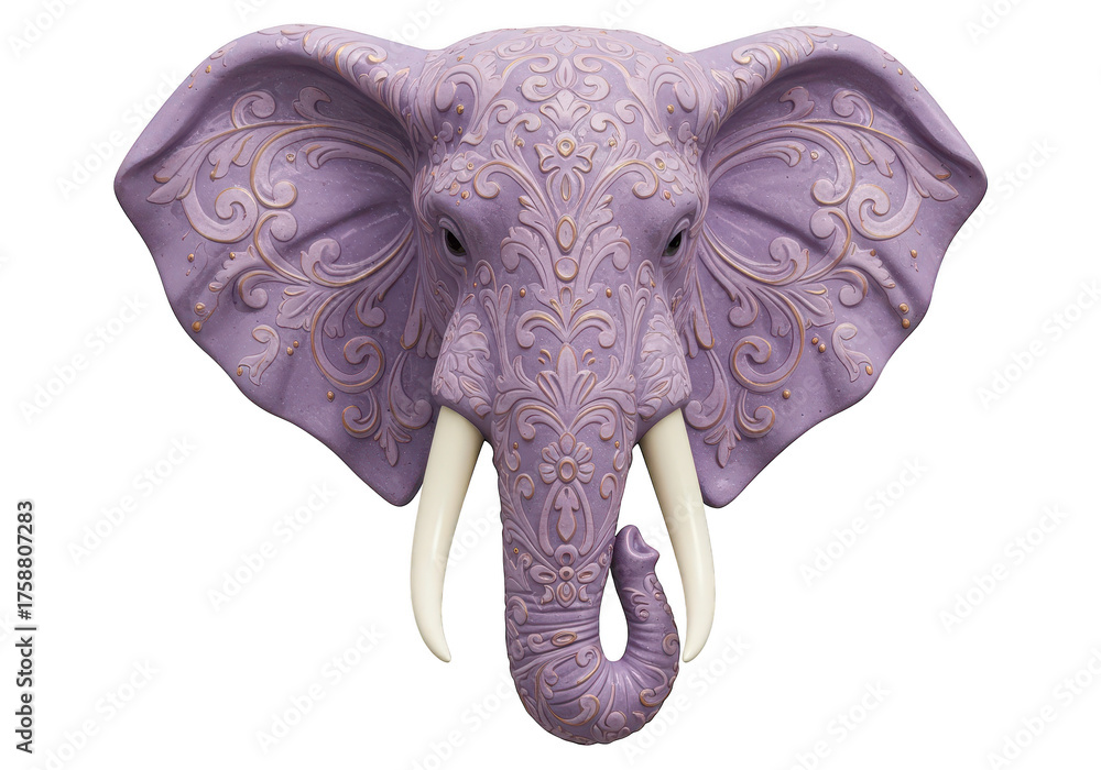Obraz premium Ornate lavender elephant head sculpture with intricate floral carvings.