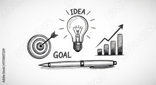 Hand-drawn sketch of business success symbols including a target with arrow a bright idea lightbulb a growing graph and a pen