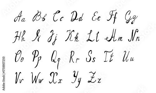 Alphabet is handwritten in black pen scrawl on white background. Doodle style English letters are uppercase and small in primitive style.