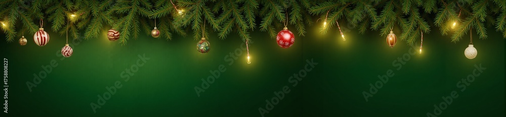 Naklejka premium Beautiful Christmas banner with red baubles on fir branches