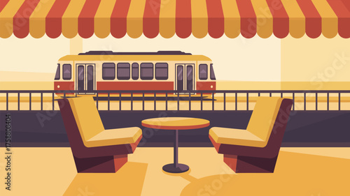 A train station platform with chairs and a table under a striped awning with a train in the background