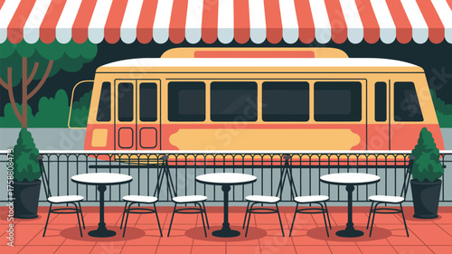 A cafe scene with tables and chairs outside and a train car in the background under a striped awning