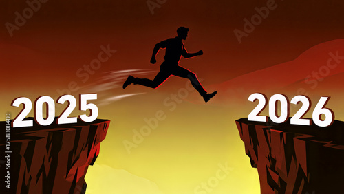 Silhouette Man Leaping from 2025 to 2026 Over a Chasm with a Dramatic Red and Yellow Sky
