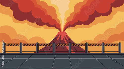 Cartoon volcano erupting with red smoke behind a safety barrier on a tiled platform view point