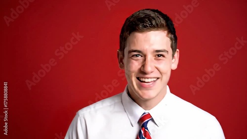 A man in a white shirt and tie laughs heartily against a red background