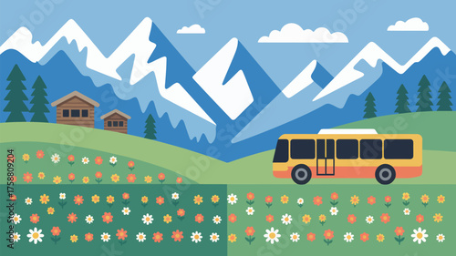 A cartoon landscape with mountains, cabins, flowers, and a bus on a sunny day in a scenic location