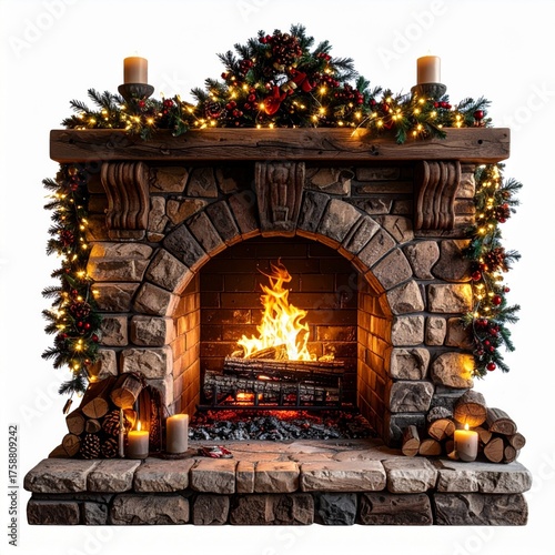 Illuminated Stone Fireplace with Burning Fire Logs and Christmas Decorations