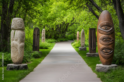 Tranquil outdoor art gallery with sculpture along scenic pathway in lush green park creating peaceful mood