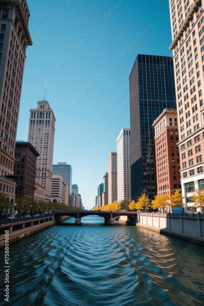 Naklejka premium Chicago river flows past iconic skyscrapers under a clear sky, glass, USA