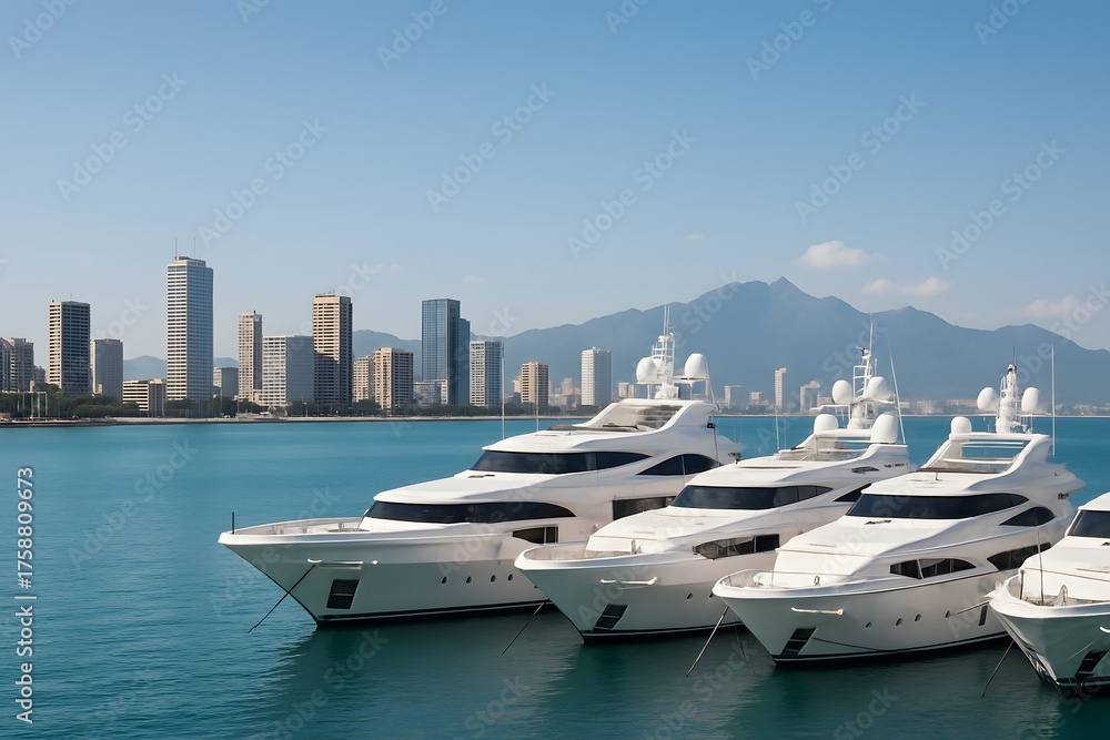 Fototapeta premium Luxury Yachts Docked at Marina with Scenic City Skyline and Mountains on a Sunny Summer Day in Coastal Urban Harbor